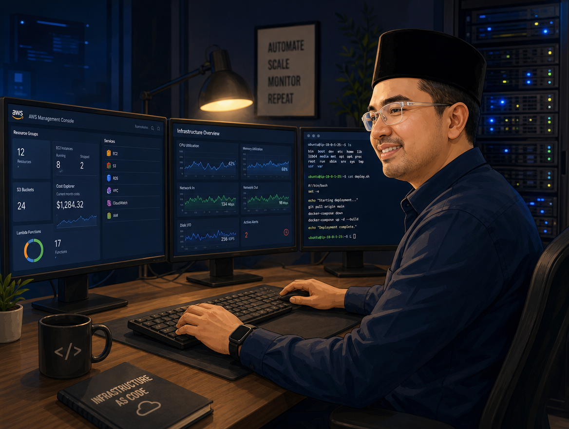 Illustration of Syazwan monitoring cloud dashboards across three screens